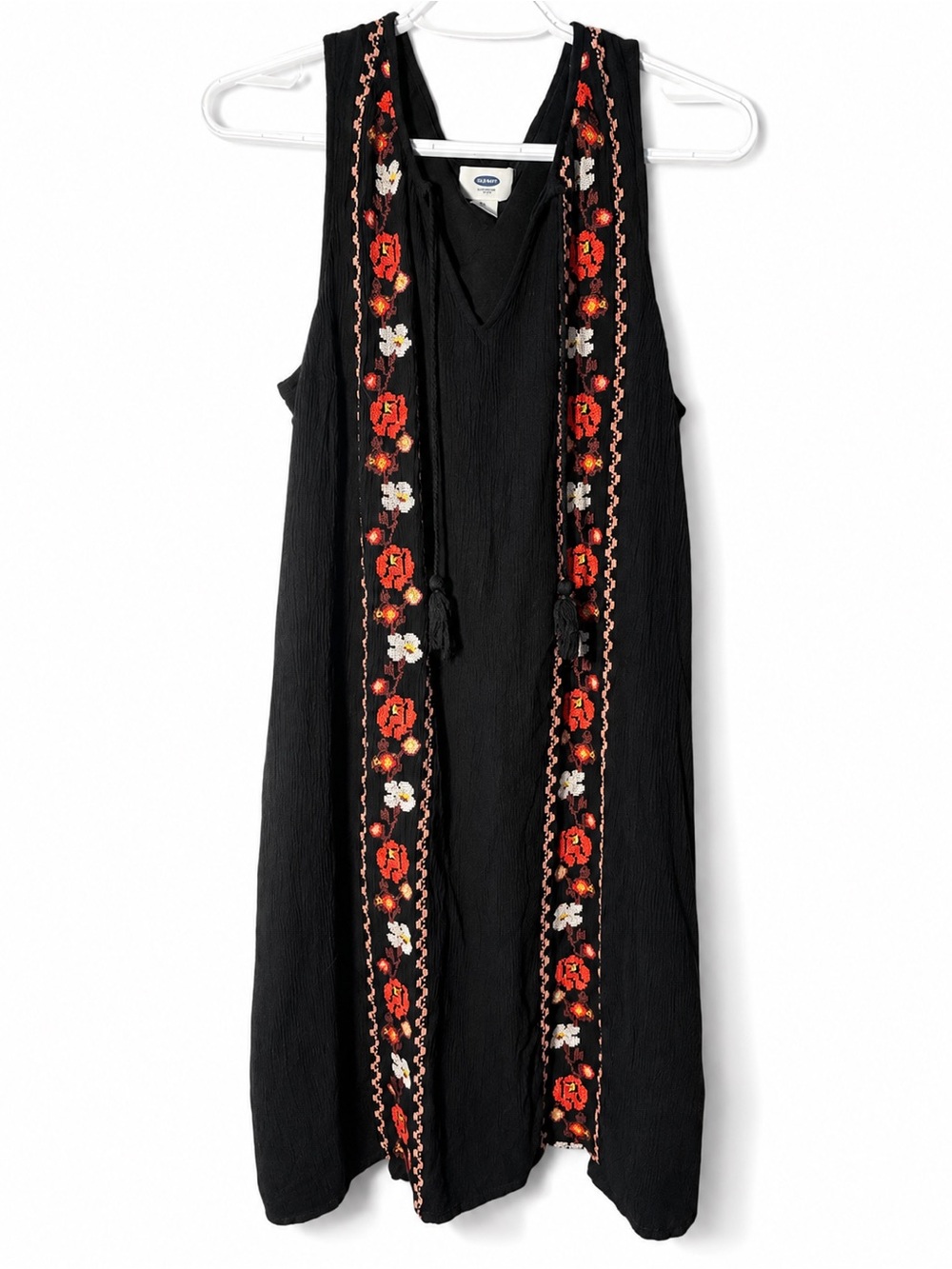 Old Navy Black Maxi Dress with Red and White Floral Embroidery